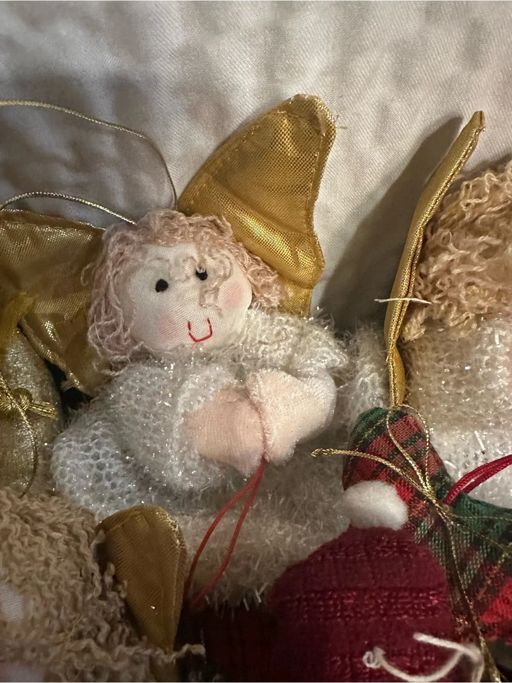 Holiday Plush Angel and Snowman Ornaments - Gold, Red, White